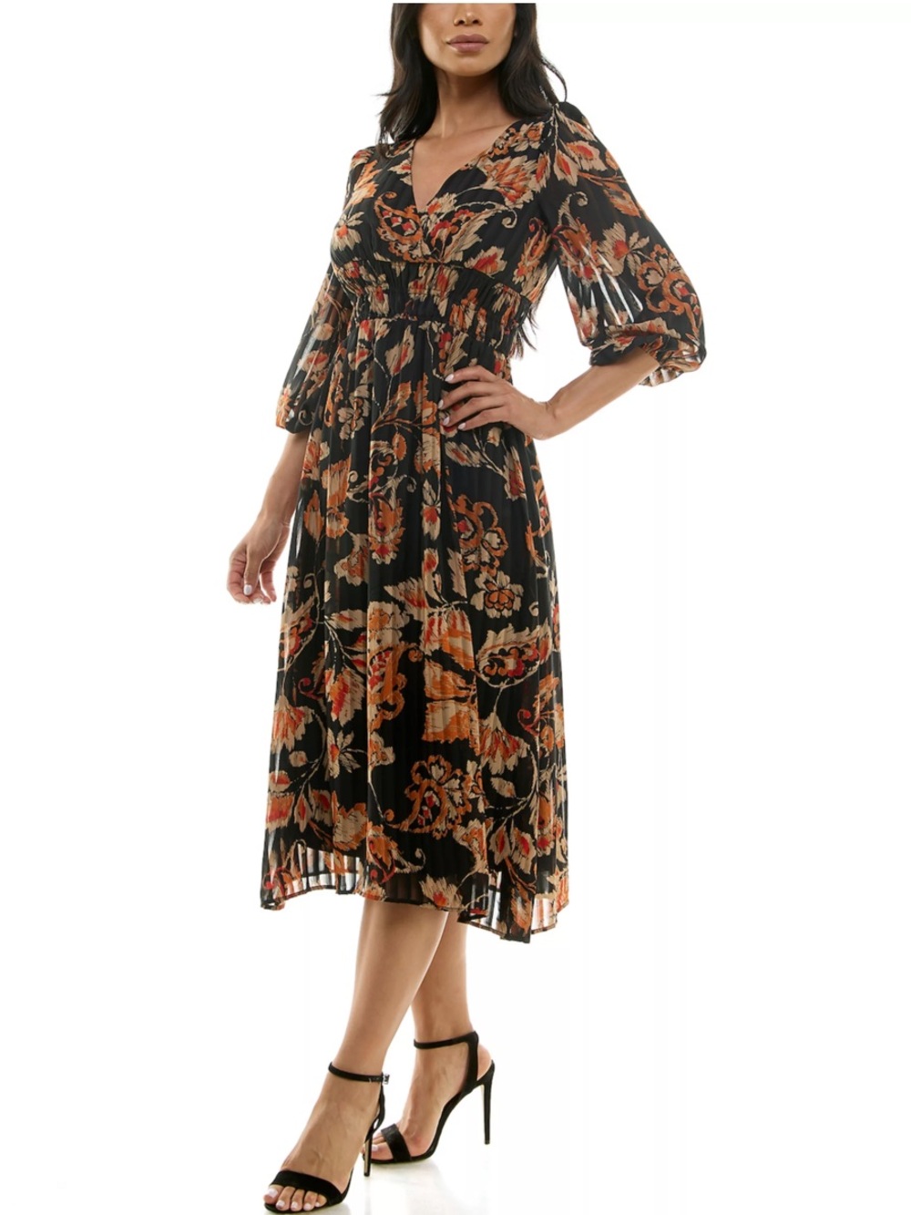 Women's Black Floral Midi Dress with Orange Accents